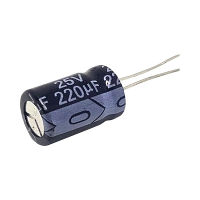 Capacitor Electrolítico Radial de Aluminio, 220 µFd, 25 Vcc, 105 °C, 8 x 11 mm.