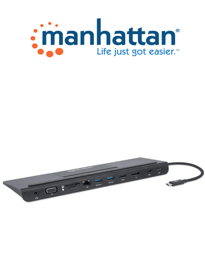 MANHATTAN 153478 - Docking station de USB-C a 11 puertos / para tres monitores, con MST USB-C 3.2 Macho a HDMI, DP y VGA hembras / Aluminio / Color gris