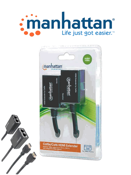 MANHATTAN 207386 - Extensor de HDMI por Cat5e/Cat6 / Extiende tu señal de 1080p hasta a 30m / cables HDMI integrados / 55 x 36 x 22 mm Sobre Pedido