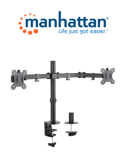 MANHATTAN 461528 - Soporte universal para 2 monitores con brazos de doble articulación / Color negro / 13 a 32 / Hasta 8Kg / Inclinación de ±45° / Rotación de ±180° / Construído en acero / VESA