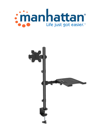 MANHATTAN 462136 - Soporte para escritorio combinado con brazo para monitor y soporte para laptop / Para monitores de 13 a 27 y 8Kg / Para laptop de 10 a 17 y 8Kg / ajustes de altura, inclinación, giro y rotación de movimiento completo / Color negro