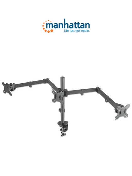 MANHATTAN 461658 Soporte para monitor, de escritorio, movimiento articulado, 3 pantallas planas de 13 a 27 máximo 7 kg cada una Soporta tres monitores LCD de hasta 27, uno montado al centro y dos en los brazos de doble articulación