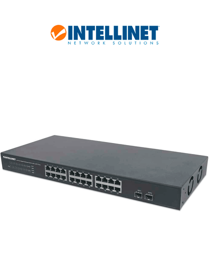 INTELLINET 561044 - Switch de 24 puertos Gigabit Ethernet con 2 puertos SFP, 10/100/1000 Mbps RJ45, IEEE 802.3az Energy Efficient Ethernet, para montaje en rack de 19, chasis metálico