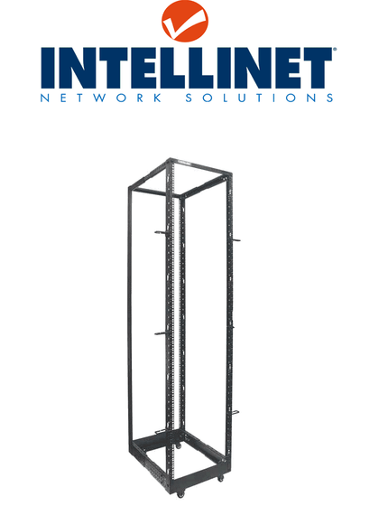 INTELLINET 714259 - Rack abierto de 4 postes de 19 / 45UR / Profundidad Ajustable desde 55.8 a 101.6 cm / Opción de usar ruedas, pies o atornillar al piso / Color negro