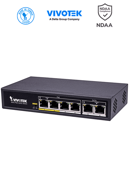 VIVOTEK AW-FET-060C-065 - Switch PoE no administrable con 4 puertos PoE FE RJ45, 2 puertos FE RJ45, 2 puertos Modo Extendido hasta 200m, 30W por puerto, 60W totales, 1.2 Gbps y protección 4KV