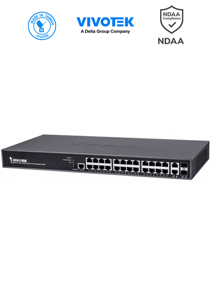 VIVOTEK AW-GEV-264B-370 - Switch PoE Administrable con 24 puertos PoE GE RJ45, 2 puertos GE SFP, 30W por puerto, 370W Totales, VIVOCAM WEB Smart, 52Gbps y protección 6KV.