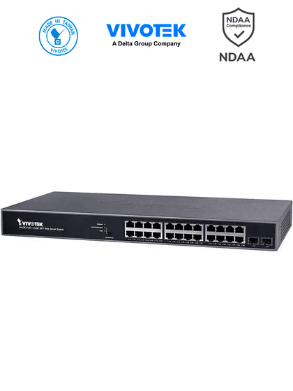 VIVOTEK AW-GEV-267A-370 - VIVOCAM Switch PoE Administrable L2+ con 24 puertos PoE GE RJ45, 2 puertos Combo GE RJ45/SFP, 370W totales 30W por puerto, 52Gbps de velocidad y gestión de vigilancia IP.