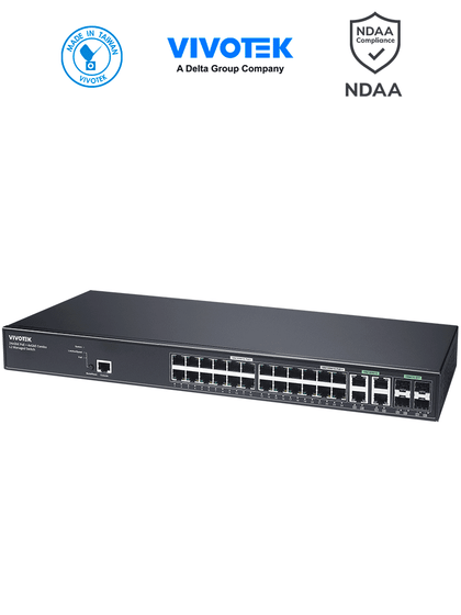 VIVOTEK AW-GEV-288A-370 - Switch PoE Administrable 24 puertos Gigabit, 20 x GbE Poe 30W, 4x GbE Poe 90W, 4x GbE/SFP Combo, L2, VIVOCAM para Videovigilancia, 56Gbps, 370W Totales, Extended PoE, NDAA V1