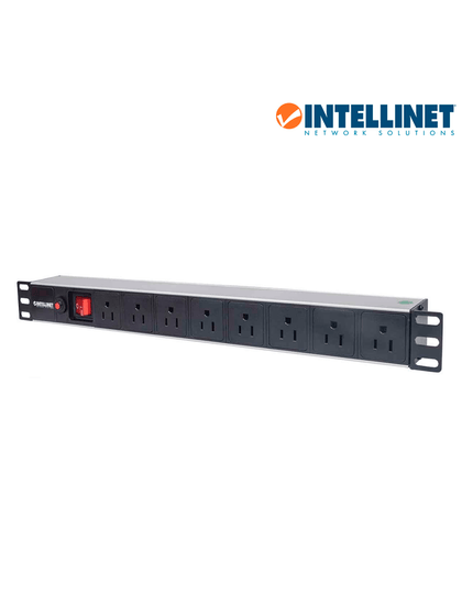 INTELLINET 713993- Barra PDU, 8 contactos, para gabinetes/racks de 19, 1U, con protección contra sobrecarga y botón On/Off.