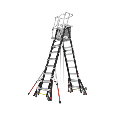 Escalera de Fibra de Vidrio con Jaula de 8'-14' (2.44 - 4.27 m). Con Ajuste en Ruedas (RATCHET Leveler) (SKU:18515-817).