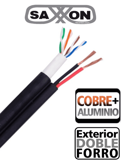 SAXXON OUTP5ECCAEXT2E - Bobina de Cable UTP Cat5e Siames/ 305 Metros/ Uso Exterior/ CCA/ UTP+Cables de Energía Cal. 18 AWG/ Doble Forro en Cable UTP/ Ideal para Cableado de Video/