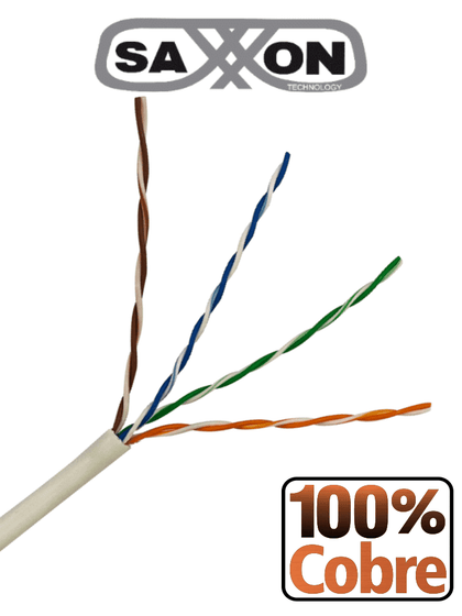 SAXXON OUTP6COP305BC - Bobina de cable UTP Cat6 100% cobre, 305 metros, bobinado REELEX, color blanco, para uso interior, con 4 pares, soporta pruebas de rendimiento, certificaciones UL444, ISO9001 y RoHS.