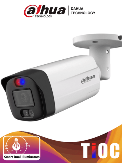 DAHUA HAC-ME1509THN-A-PV-S2 - Camara Bullet TioC de 5 Megapixeles/ Iluminador Dual Inteligente+Disuasión Activa con Luz Roja y Azul/ Lente de 2.8mm/ 111 Grados/ 40 Metros de Iluminación IR y Visible/ Micrófono Integrado/ WDR Real de 120 dB/