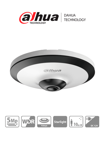 DH-HAC-EW2501N - Cámara Fisheye HDCVI 5 MP, visión 360°, IR 10 m, WDR real 120dB, micrófono integrado. Ideal para uso interior con tecnología Starlight para baja luz y reducción de ruido 2D/3D. Ofrece vigilancia detallada y nítida en todas condiciones.