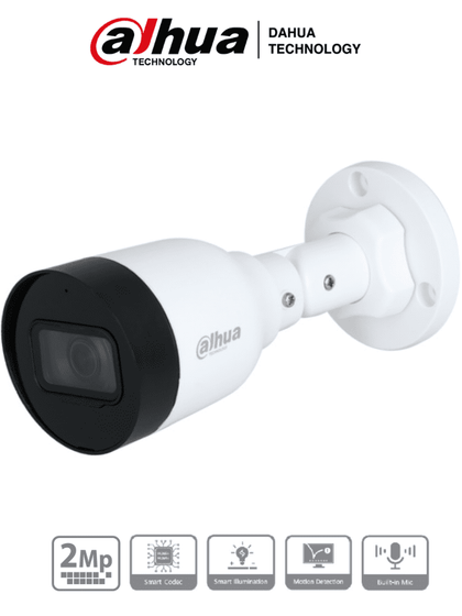 Dahua IPC-HFW1230S1-A-S5-Cámara IP Bullet de 2MP, lente de 2.8mm, ángulo de visión de 102 grados, micrófono integrado, compresión H.265+, IR de 30m, protección IP67, PoE, DWDR.