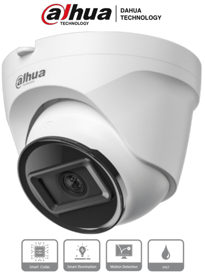 DAHUA IPC-T1E20 -Camara IP Domo de 2 MP, lente de 2.8 mm y 99° de visión. Alcance IR de 30 m, protección IP67 y alimentación PoE. Funciones avanzadas: DWDR, 3D NR, HLC, BLC y compresión H.265+ Ideal para videovigilancia confiableSwitchD1