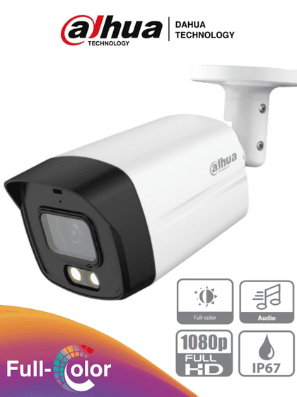 DAHUA HAC-HFW1209TLMN-A-LED - Camara Bullet Full Color de 2 Megapixeles/ 1080p/ Lente de 2.8mm/ 108 Grados de Apertura/ Microfono Integrado/ 40 Metros de Iluminación/ DWDR/ IP67/ Metalica+Policarbonato/