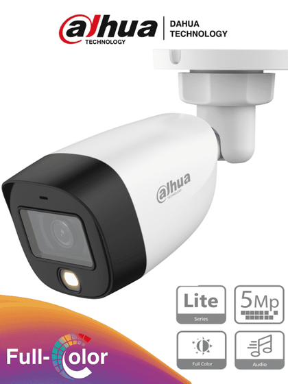 DAHUA HAC-HFW1509CN-A-LED - Cámara Bullet Full Color de 5 MP con lente de 2.8 mm y apertura de 112°. Incluye micrófono integrado, LEDs para visión nocturna hasta 20 metros, WDR de 120 dB y tecnología Starlight. Resistente al agua IP67 HDCVI9.0