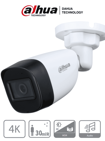 DAHUA HAC-HFW1801CN-A-0280B-S2 - Cámara Bullet 4k con Micrófono Integrado/ 8 Megapixeles/ Lente de 2.8 mm/ 106 Grados de Apertura/ 20 Metros de IR/ WDR Real de 120 dB/ Soporta: CVI/TVI/AHD/CVBS/ ProHDCVI