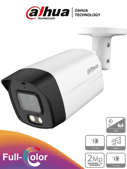 DAHUA HAC-HFW1239TLM-A-LED - Camara Bullet Full Color de 2 Megapixeles/ Super Adapt con WDR Real de 130 dB/ Microfono Integrado/ Lente de 3.6mm/ Leds para 40 mts/ IP67/ Starlight/ Soporta: CVI/CVBS/AHD/TVI