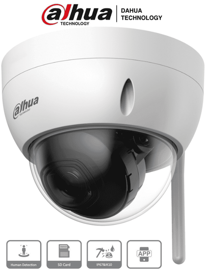 DAHUA IPC-HDBW1230DE-SW - Camara IP Domo Wifi de 2 Megapixeles/ Lente de 2.8 mm/ 100 Grados de Apertura/ IR de 30 Metros/ Ranura para MicroSD/ IP67/ Antivandalica Ik10/ Detección de Humanos SMD/ Hasta 80 Metros de Alcance en Area Abierta/