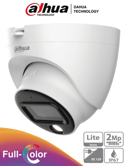 DAHUA HAC-HDW1209TLQN-A-LED - Cámara Domo Full Color de 2 MP. Lente fijo 2.8 mm con ángulo de 103°, micrófono integrado, iluminación LED de 20 m, tecnología Starlight para excelente desempeño en baja luz, DWDR, certificación IP67 y fácil instalación.