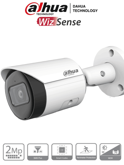 DAHUA IPC-HFW2241S-S - Camara IP Bullet de 2 Megapixeles/ Lente de 2.8 mm/ WizSense/ 107 Grados de Apertura/ IR de 30 Metros/ SMD Plus/ Microfono Integrado/ PoE/ Ranura para MicroSD/ IP67/ WDR Real de 120 dB SwitchD2