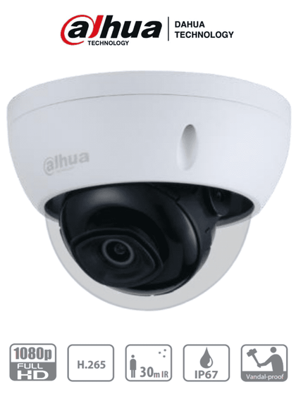 DAHUA IPC-HDBW1230E- Camara IP Domo Antivandalica de 2 Megapixeles/ Lente de 2.8 mm/ 104 Grados de Apertura/ Metalica/ IR de 30 Mts/ IP67/ IK10/ PoE/ DWDR/