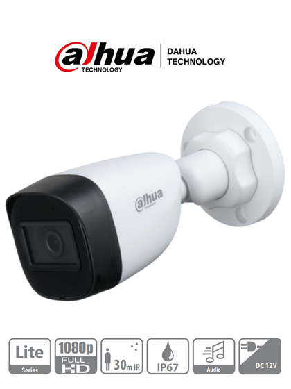 DAHUA HAC-HFW1200CN-A - Cámara Bullet 1080p/ Micrófono Integrado/ Lente de 2.8mm/ 30 Mts de Ir/ IP67/ Policarbonato/ CVI/CVBS/AHD/TVI/ BLC/HLC/DWDR VolDH IngDahua