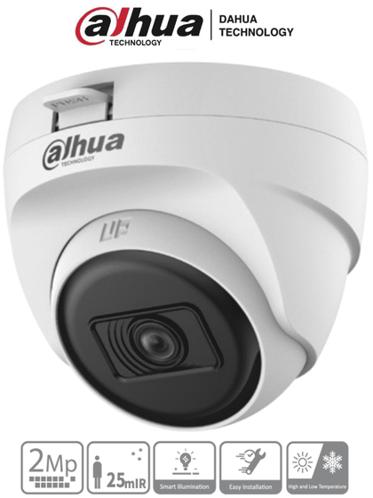 DAHUA HAC-T1A21N-U-28 - Cámara Domo de 2 Megapixeles/ Lente 2.8 mm / 100 Grados de Apertura/ Smart ir 25 Mts/ Uso Interior/ CVI/TVI/AHD/CBVS/ MCI2Q125 DAHQ1M VFL 1CM