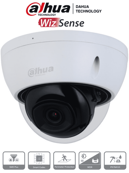 DAHUA IPC-HDBW2541E-S - Cámara IP domo antivandálica 5 MP, cuenta con lente de 2.8 mm y visión de 111°. Ofrece visión nocturna IR 30 m, WizSense, SMD Plus, micrófono integrado, PoE, ranura MicroSD, protección IP67 e IK10, WDR real de 120 dB y H.265+.