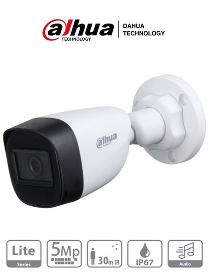 DAHUA HAC-HFW1500CN-A - Camara Bullet de 5 Megapixeles/ Microfono Integrado/ Lente de 2.8mm/ 111 Grados de Apertura/ IR de 30 Mts/ Starlight/ IP67/ CVI/CVBS/AHD/TVI/