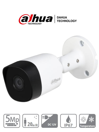 DAHUA HAC-B2A51N-0280B-S2 - Cámara bullet de 5 MP con lente de 2.8 mm y ángulo de visión de 106°. Incorpora IR de 20 m para visión nocturna, resistente IP67, y materiales metálicos. Compatible con CVI, CVBS, AHD y TVI HDCVI9.0 5MP VolDH