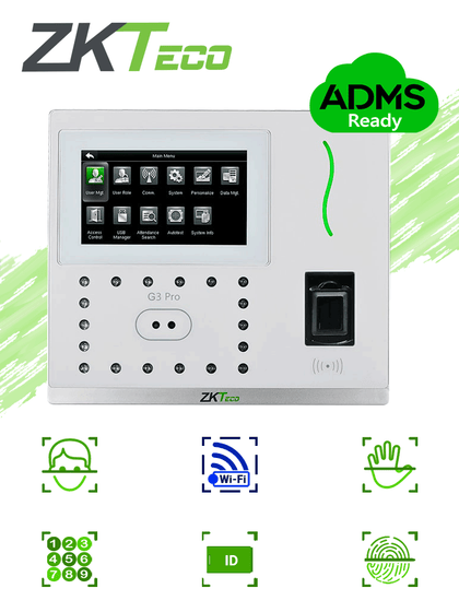 ZKTECO G3PROWIFI - Control de Acceso y Asistencia Facial y Palma / 12000 Rostros / 20000 Huellas BIO ID / 20000 Tarjetas ID / 6000 Palmas / Green Label / WiFi