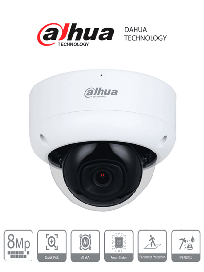 DAHUA DH-IPC-HDBW3841E-AS-S2 - Camara IP Domo Antivandalica 4k/ 8 Megapixeles/ WizSense/ Lente de 2.8 mm/ 107°/ Microfono integrado/ IR 30m / SMD 4.0/ AI SSA/ Ranura MicroSD/ PoE/ IP67/ IK10/ E&S de Alarma y Audio