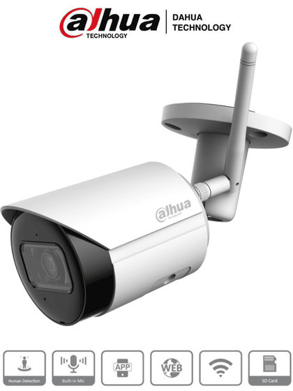 DAHUA IPC-HFW1430DS-SAW - Camara IP Bullet Wifi de 4 Megapixeles/ Lente de 2.8mm/ 90 Grados de Apertura/ H.265+/ IR de 30 Metros/ Microfono Integrado/ Ranura para MicroSD/ Metalica/ IP67/ DWDR/ Videoanaliticos con SMD/