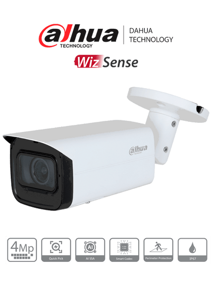 DAHUA DH-IPC-HFW3441T-ZS-S2- Cámara IP Bullet de 4 MP/ WizSense/ Lente Motorizado de 2.7 a 13.5mm/ IR de 60 Metros/ H.265+/ WDR Real/ Protección Perimetral/ IP67/ PoE/ SMD Plus/