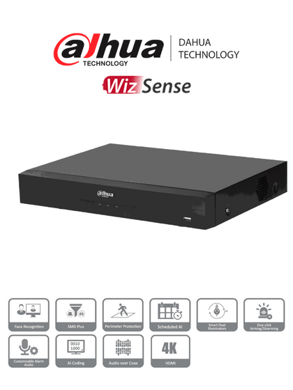 DAHUA DH-XVR5104HE-4KL-I3 - DVR de 4 canales 4K con WizSense y compresión H.265+. Admite 4 canales IP adicionales hasta 8 en total, 1 canal de reconocimiento facial, SMD Plus, E/S de alarmas y 1 bahía para disco duro. Perfecto para seguridad avanzada.