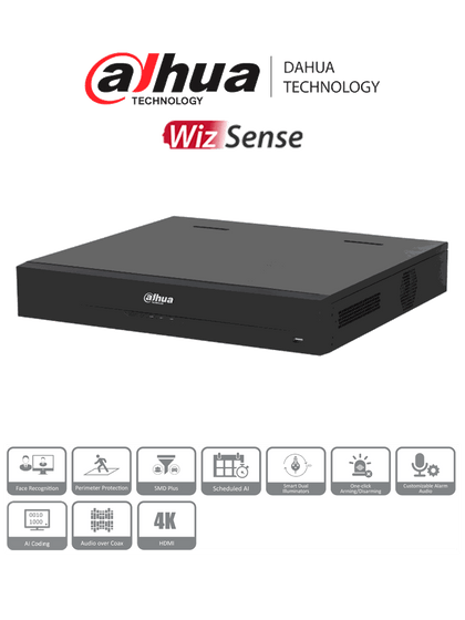 DAHUA DH-XVR5416L-4KL-I3 - DVR de 16 canales, resolución 4K, WizSense, H.265+, IA avanzada, 4 bahías para discos duros, soporte para 16 canales IP adicionales 32 en total, 2 canales de reconocimiento facial, SMD Plus, y funciones IoT y POS.