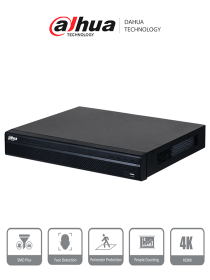 DAHUA DHI-NVR4216-4KS3 NVR de 8 Megapixeles/ 4k/ 16 Canales IP/ Rendimiento de 160 Mbps/ Smart H.265+/ 2 Bahias de Discos Duros/ 4&2 E&S de Alarmas/ HDMI&VGA/ Soporta Cámaras WizSense/ 4 canales SMD Plus