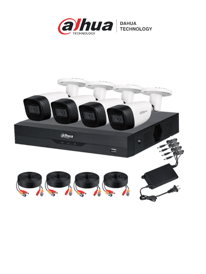 DAHUA KITXVR5104HS4KLI3+4HFW1500CMA- Kit de vigilancia de 4 canales 5 MP con audio y DVR WizSense con reconocimiento facial y H.265+. Soporta 4 canales + 4 IP o hasta 8 IP. Incluye 4 canales SMD Plus para búsqueda de humanos y vehículos HDCVI9.0 5MP