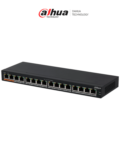 DAHUA DH-PFS3016-16GT-190 - Switch Poe Gigabit de 16 Puertos PoE Gigabit/ 190 Watts Totales/ Los 2 Puertos Naranjas Soportan Hi-PoE Estandar/ Switching 32 Gbps/ Tasa de Reenvio de paquetes 23.808 Mbps/ Protección Contra Descargas/