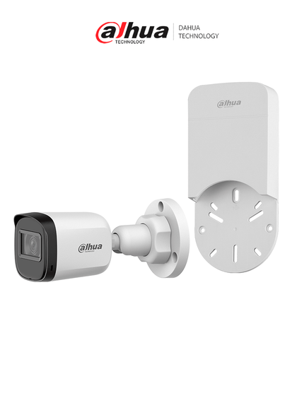 DAHUA HAC-B1A21N-U + DH-PFA12A- Paquete de Cámara bullet de 2 MP, lente de 3.6 mm y ángulo de visión de 80°. Visión nocturna IR de 30 m, resistencia IP67. Incluye caja de conexiones PFA12A de policarbonato resistente, ideal para exteriores.