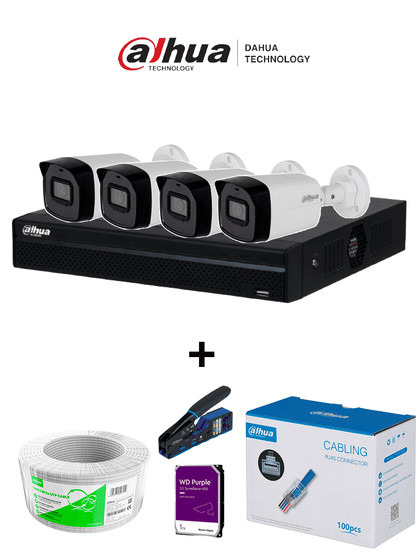 Bundle NVR+4BulletIP - Compra 1 NVR NVR1104HS-P-S3 de 4 Canales/ 4 cámaras IPC-B1E20 / Bobina de 100m/ Caja con 100 plugs/ Pinza de corte rj45/ Disco Duro 1TB/ MiPrimerIP