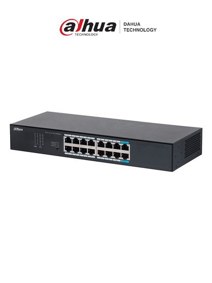 DAHUA DH-S3016-16GT- Switch Gigabit de 16 Puertos No Administrable de capa 2, con velocidad 10/100/1000 Mbps, capacidad de conmutación de 32G, tasa de reenvío de 23.8 Mbps y protección contra descargas.