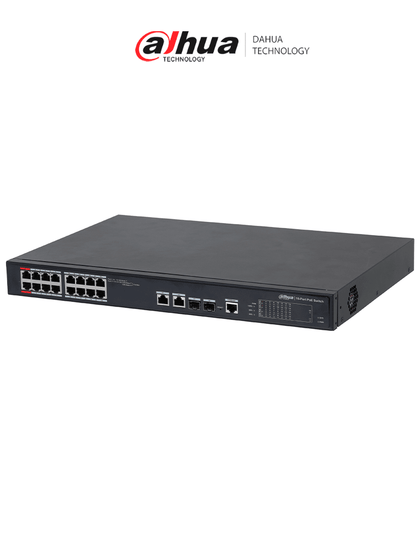 DAHUA DH-PFS4218-16ET-240 - Switch PoE Administrable de 16 Puertos Ethernet/ 16 Puertos PoE/ 240 Watts Totales/ Interfaz Web/ Puerto 1 y 2 Soportan 90 Watts/ 2 Puertos SFP/ 2 Puertos Uplink/ PoE Watchdog/ Switching 8.8 Gbps/