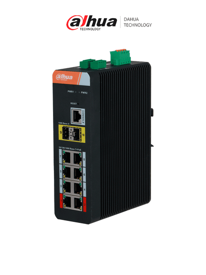 DAHUA IS4210-8GT-120 Switch PoE Gigabit Grado industrial de 10 puertos con 8 puertos PoE / PoE Watchdog/ Administrable Capa 2/ 8 Puertos PoE Gigabit/250 m de transmisión PoE de larga distancia 10 Mbps/ Fuente de alimentación redundante