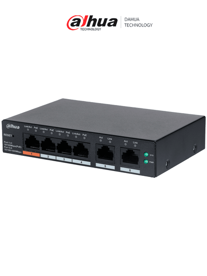 DAHUA CS4006-4ET-60 - Switch PoE de 6 Puertos Administrable/ 4 Puertos PoE 10/100/ 2 Puertos Uplink 10/100/1000/ 60 Watts Totales/ Administrable en la Nube/ PoE Hasta 250 Metros/ Carcasa Metalica/ Switching 4.8 Gbps/