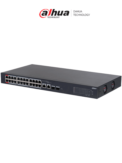 DAHUA CS4226-24ET-240 - Switch PoE de 26 Puertos/ 24 Puertos PoE 10/100/ 2 Uplink 10/100/1000 + 2 Puertos SFP/ 240 Watts Totales/ / Administrable en la Nube por DoLynk Care/ PoE Hasta 250 Metros/ Carcasa Metalica/ Switching 8.8 Gbps/