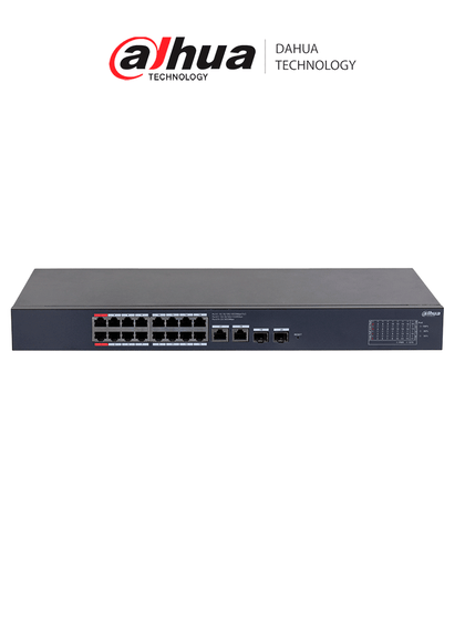 DAHUA DH-CS4220-16GT-190 Switch Poe de 16 Puertos Gigabit con PoE inteligente, puerto rojo de 90W, 190W totales, 2 puertos SFP, PoE Watchdog, switching de 40 Gbps y protección avanzada contra descargas. Plataforma DoLynk Care/ LoNuevo MCI1Q125